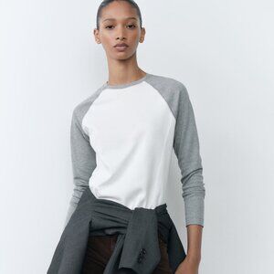 Mango Cotton Raglan Long-sleeved Two-tone Baseball T-shirt with Contrast XS